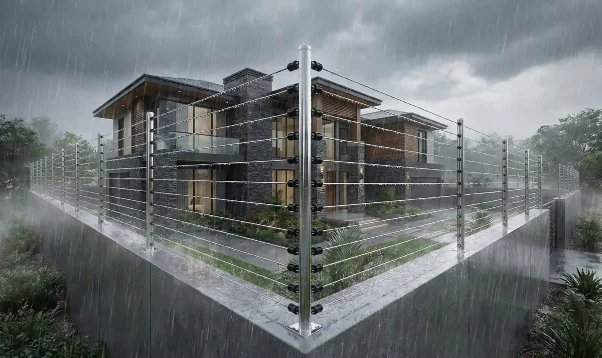 Stainless steel electric fence on luxury villa in the rain